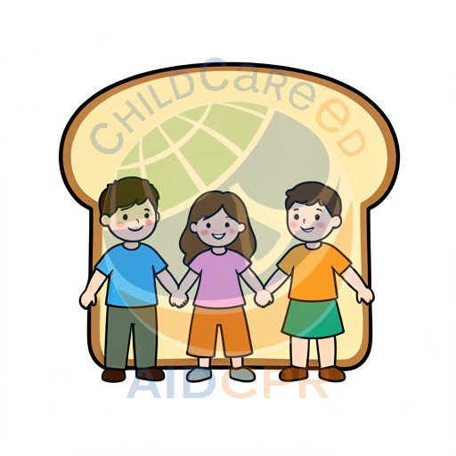 Three children holding hands under bread slice