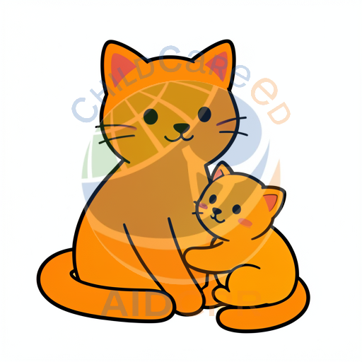 Orange cat cuddling small kitten
