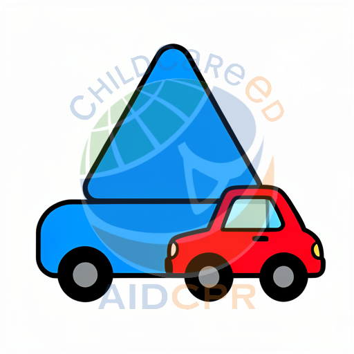 Red truck carrying blue triangular load