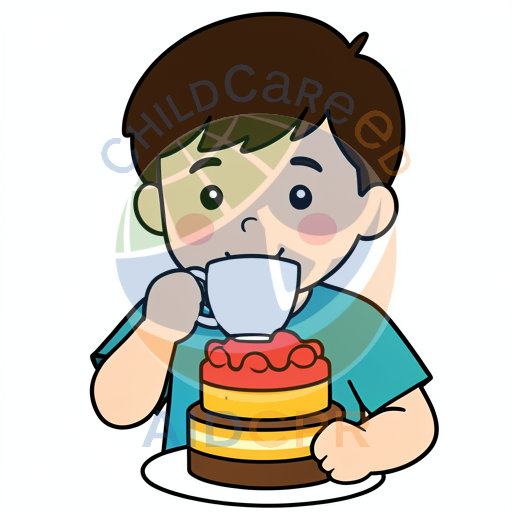 Boy drinking tea with layered cake