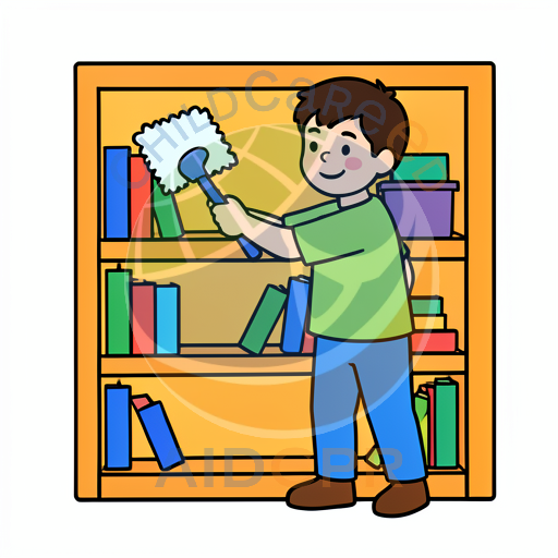 Boy dusting bookshelf with feather duster