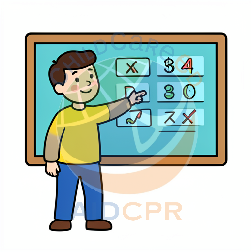 Teacher pointing to math problems on chalkboard