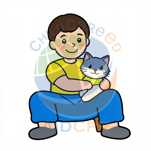 Boy holding gray cat while sitting