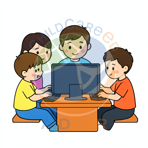 Three children learning together at computer silhouette - ChildCareEd