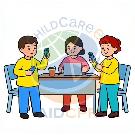 Three children smiling while using phones at table