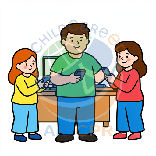 Three children smiling while using smartphones
