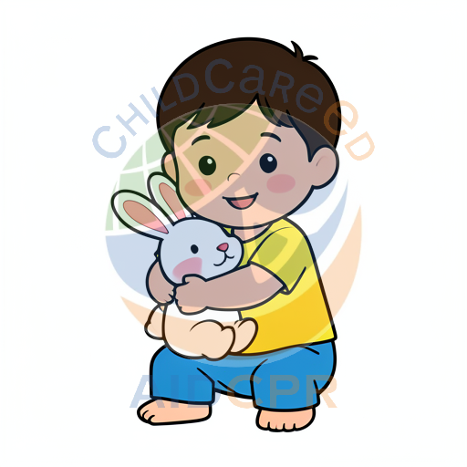 Boy hugging white stuffed rabbit