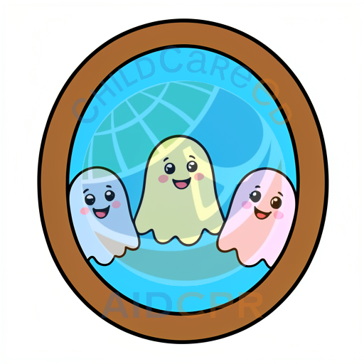 Three smiling ghosts looking through window