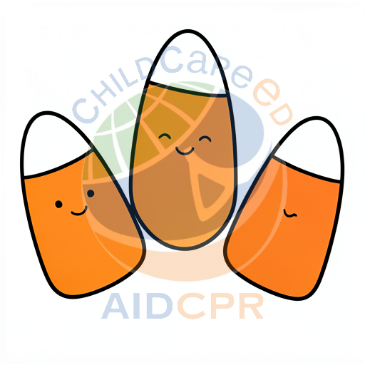 Three smiling orange candy corns