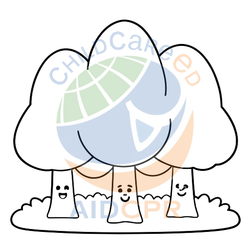 Three smiling trees in a grassy patch coloring page - ChildCareEd