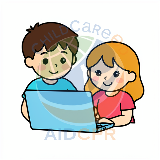Two children smiling while using a laptop together