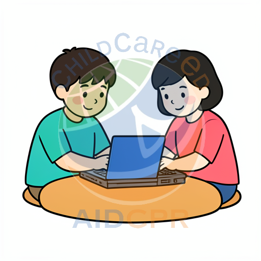 Two children smiling while using laptop together