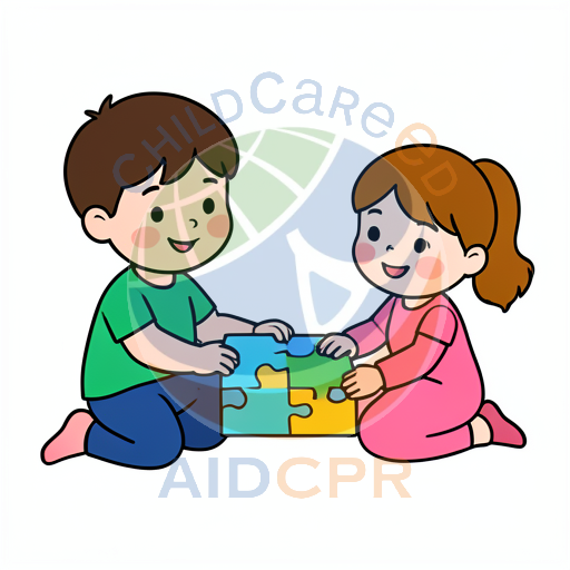 Two children solving puzzle together