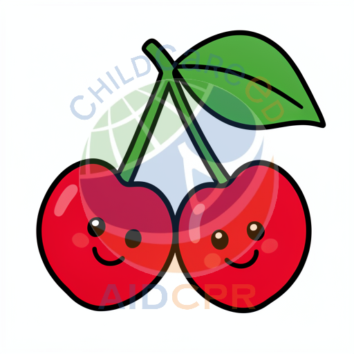 Two smiling cherries with green leaf