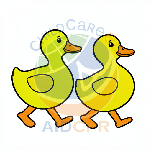 Two yellow ducks walking side by side