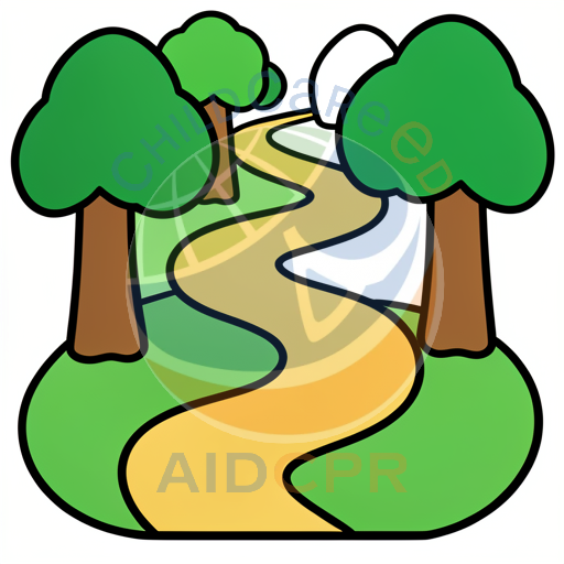Winding path through green trees