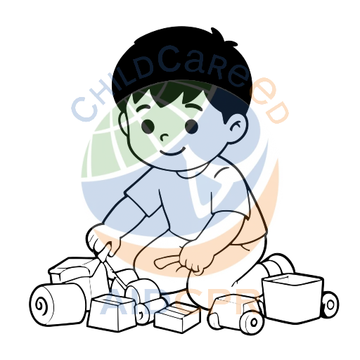 Boy smiling while assembling toy blocks coloring page