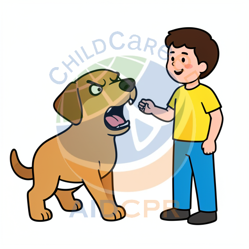 Boy smiling while dog barks at him