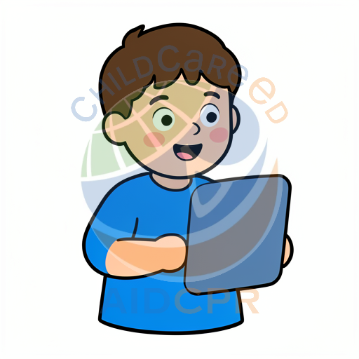 Boy smiling while holding tablet computer