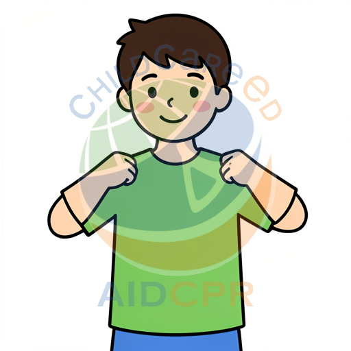 Boy smiling while pulling up his green shirt