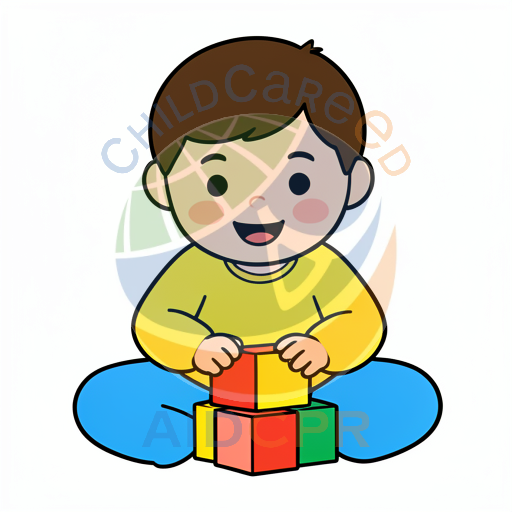Boy smiling while stacking red yellow and green blocks - ChildCareEd