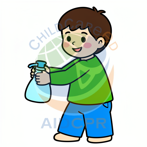 Boy spraying with blue bottle