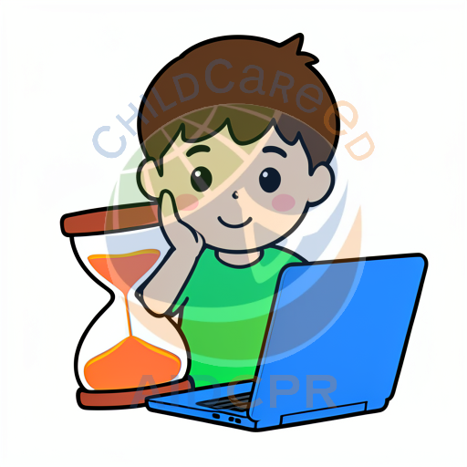 Boy thinking while using laptop and hourglass
