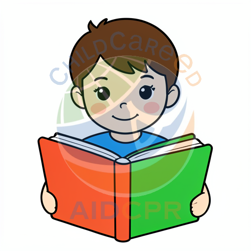 Young boy smiling while holding open book