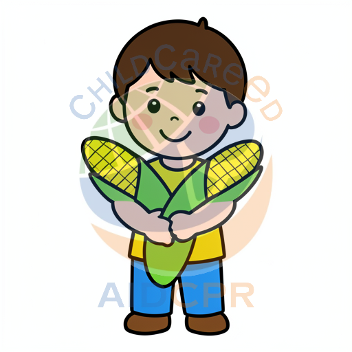 Happy boy holding two corn cobs