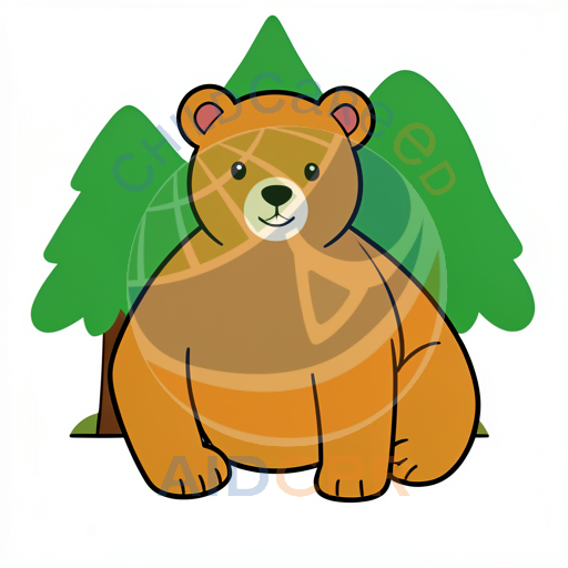 Cute brown bear sitting between green trees