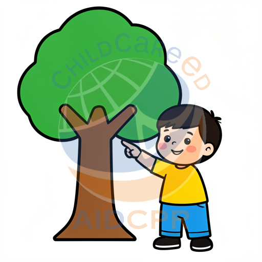 Happy boy touching tree trunk