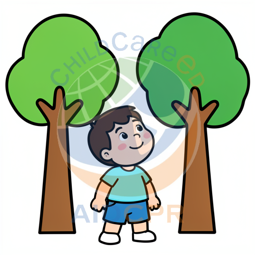 Child standing between two green trees