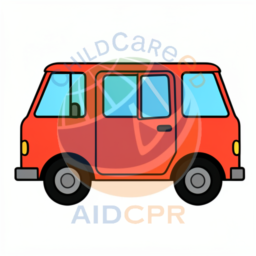 Red van with blue windows parked
