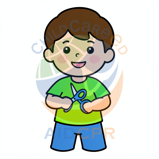 Boy cutting with blue scissors