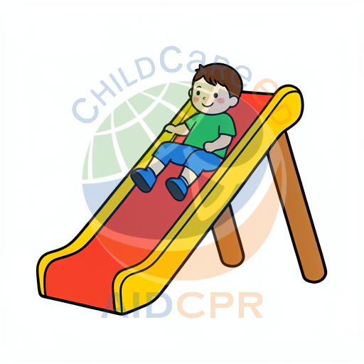 Boy sliding down red playground slide