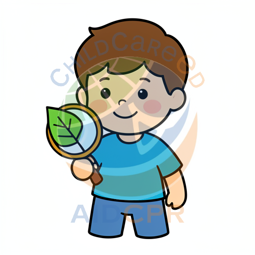 Child using magnifier to study green leaf