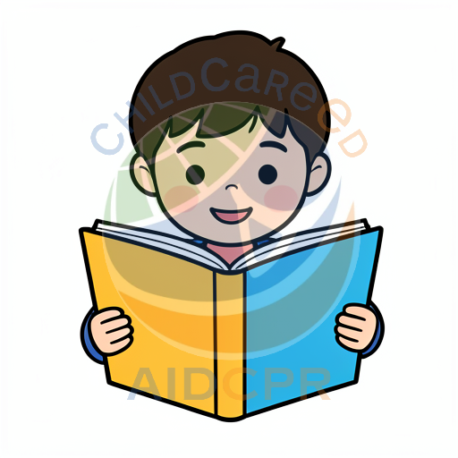 Young boy smiling while reading storybook
