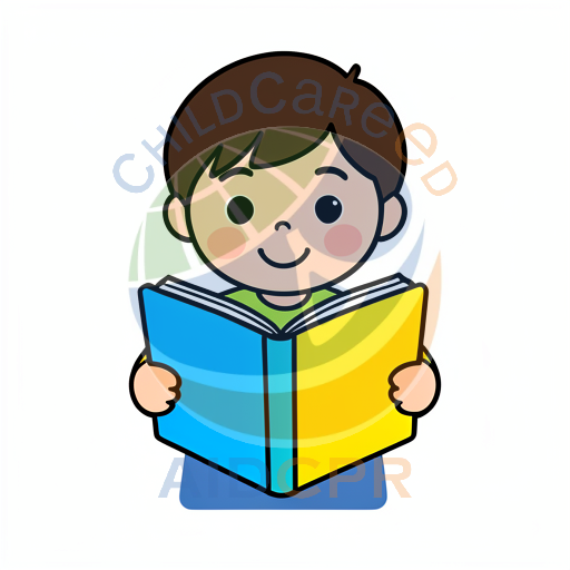 Young boy smiling while holding open book