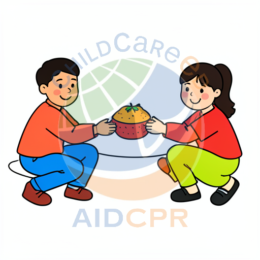 Two kids pulling a pumpkin pie together