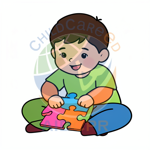 Boy smiling while solving colorful puzzle