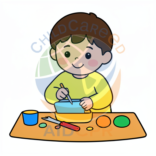 Child mixing paint with brush at table
