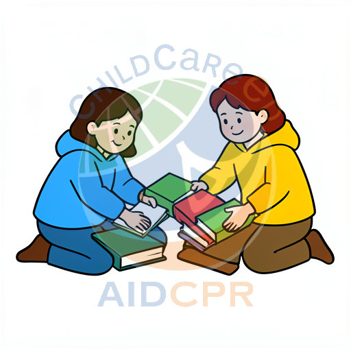 Two children sharing books while kneeling