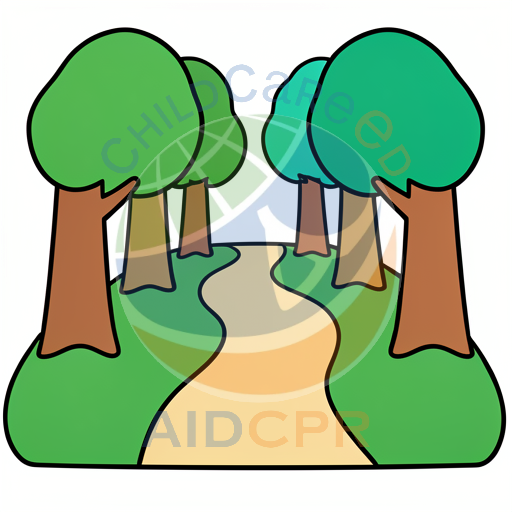 Winding path through green forest trees