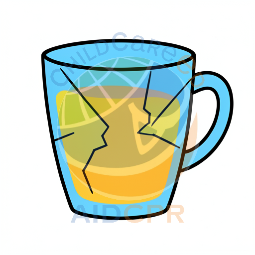 Broken cup with yellow liquid inside