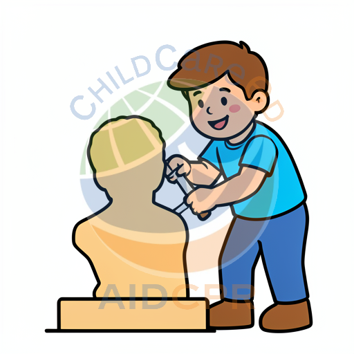 Boy sculpting clay bust with chisel