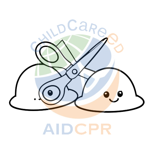 Scissors cutting between two smiling helmets coloring page