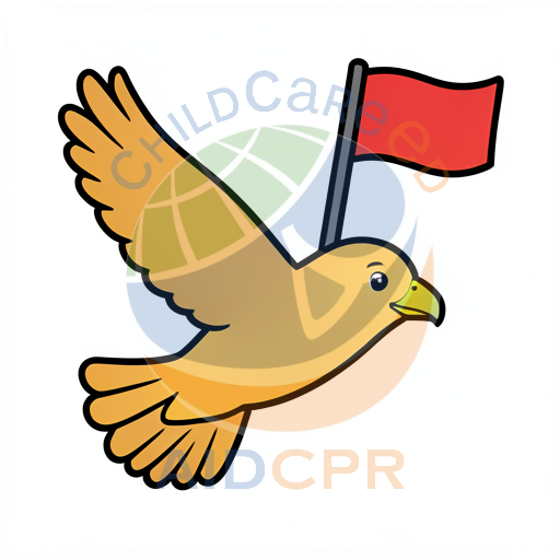 Eagle flying with red flag in beak