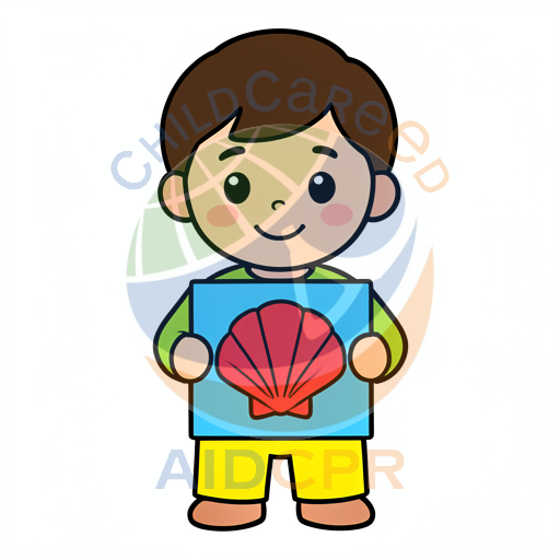 Boy holding red seashell drawing