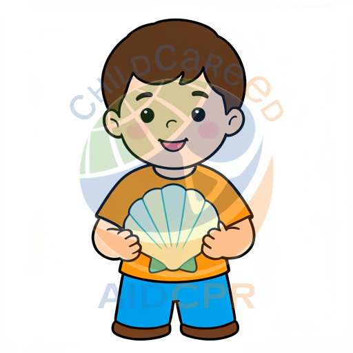Happy boy holding a seashell