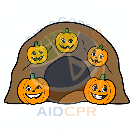 Five smiling pumpkins peeking from a cave